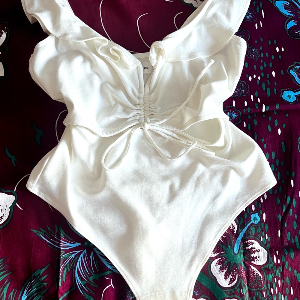 Privacy Please NEW Elegant White Top ruffled shoulder